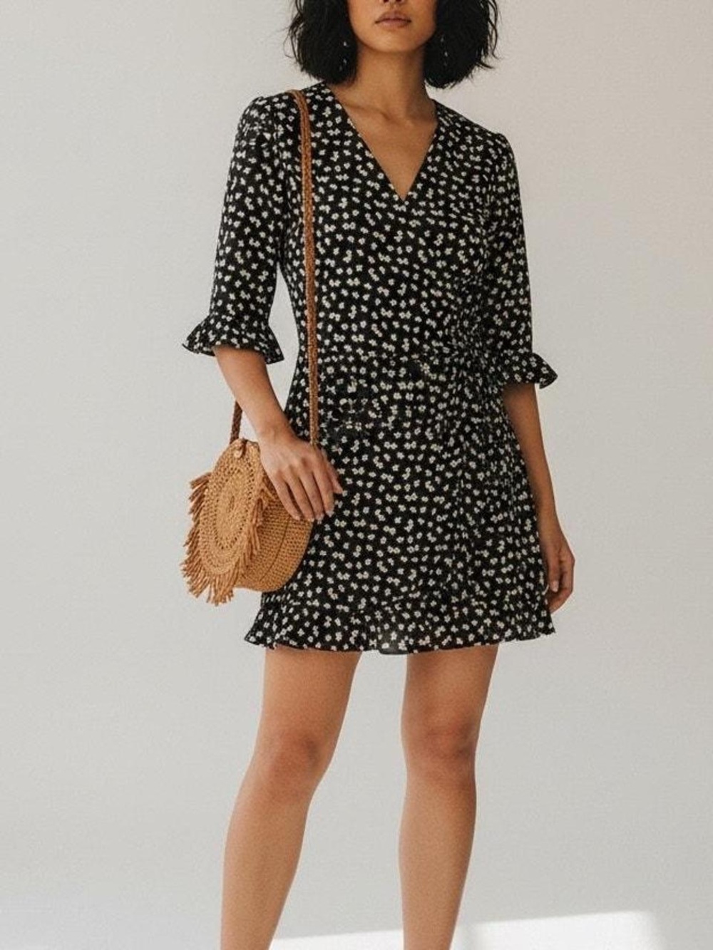 Black floral wrap dress/romper
